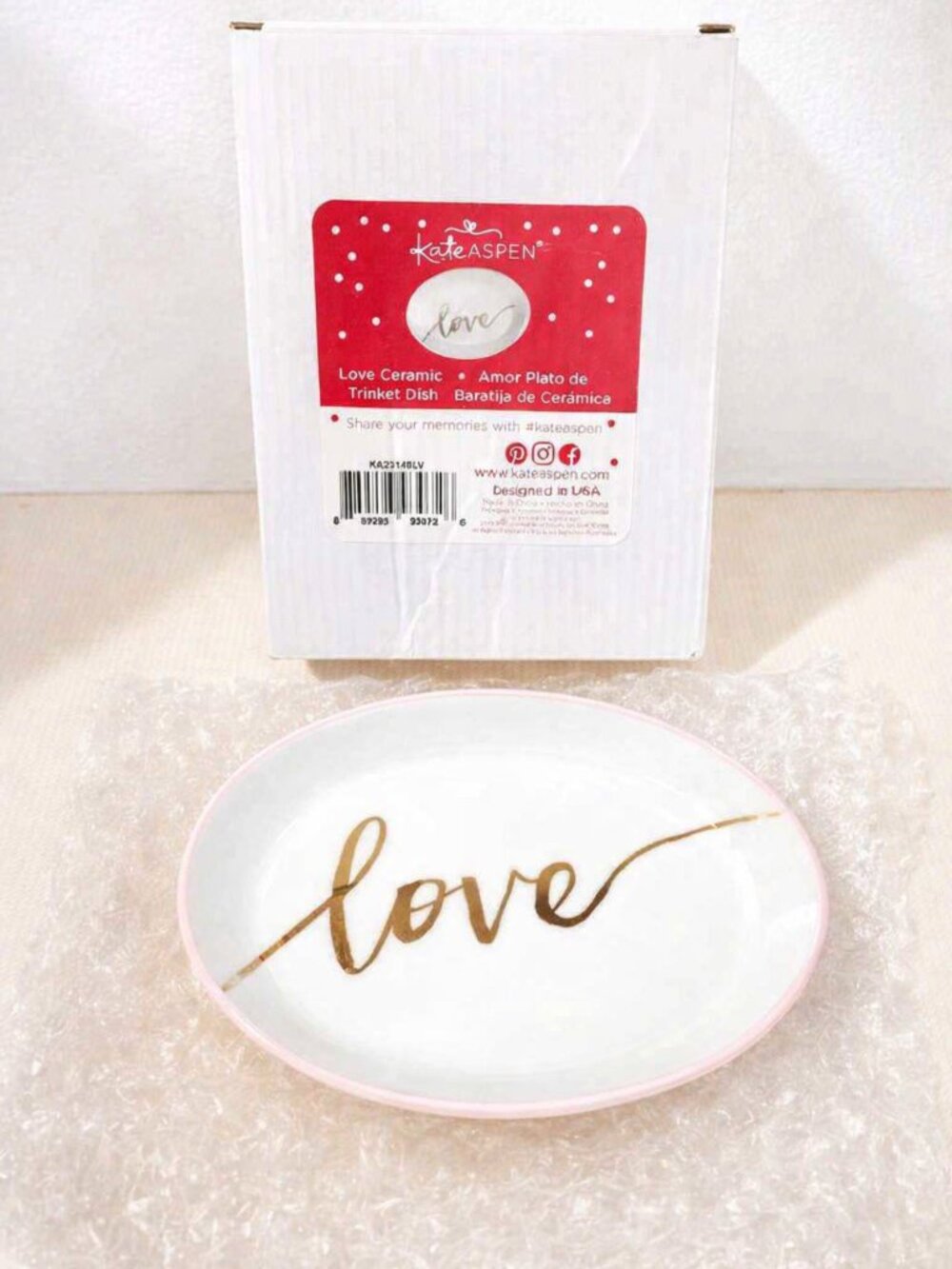 NIB Kate Aspen "LOVE" Oval Ceramic Trinket Dish Pink Rim